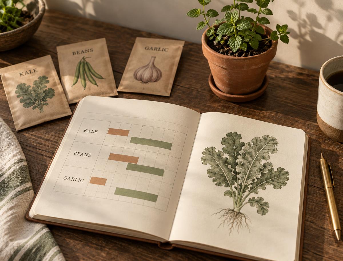 An open planting calendar on a wooden desk with heirloom seed packets